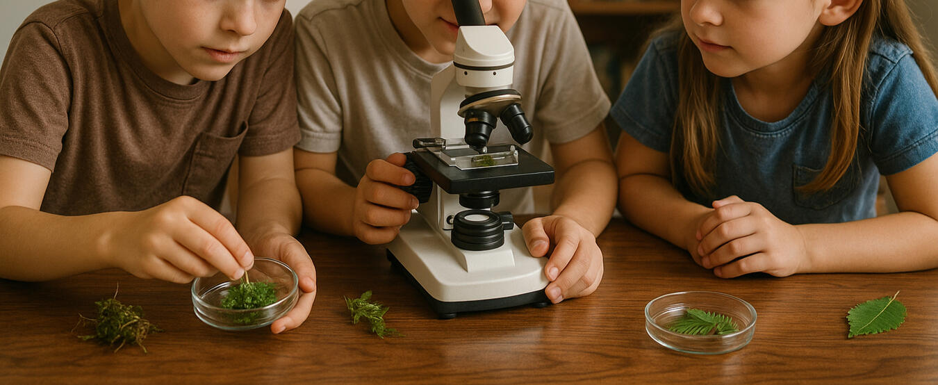 Children view plants under a microscope
