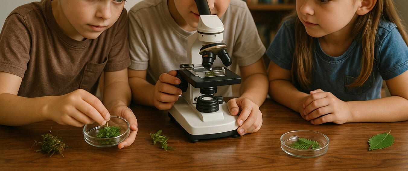 Children planting seedlings while wearing gloves and aprons during a hands-on botany club activity.